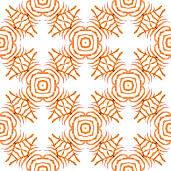 Textile ready favorable print, swimwear fabric, wallpaper, wrapping. Orange symmetrical boho chic summer design. Oriental arabesque hand drawn border. Arabesque hand drawn design.