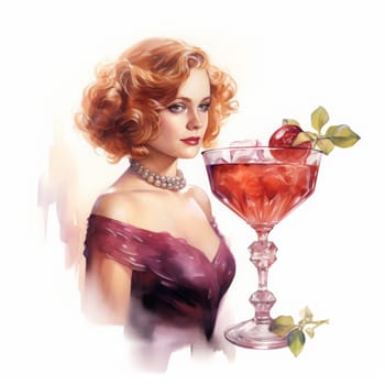 Portrait of Beautiful Girl, Woman with Cocktail. Cocktail Day in Elegant Glass, Goblet, Shot Glass, Wine Glass.