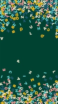 Flying latin letters. Colorful childish scattered charachters of English alphabet. Foreign languages study concept. Back to school banner .