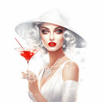 Portrait of Beautiful Girl, Woman with Cocktail. Lady in White with Cocktail Day in Elegant Glass, Goblet, Shot Glass, Wine Glass.