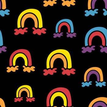 Cute Seamless Pattern with Hand Drawn Rainbow Doodle. Seamless Background in Bright Colors. Summer Design in Trendy Groovy Hippie 1970s, Trippy Retro Cartoon Style.