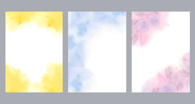 Set of watercolor postcard templates. Dreamy minimalistic abstract flow backgrounds in yellow, blue and pink, liquid cloudy spills for invitation, save the date, wedding, anniversary, sympathy card