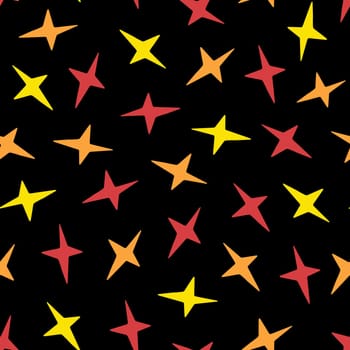 Seamless Pattern with Yellow, Orange and Red Doodle Stars. Groovy Hippie 1970s Background. Funny Cartoon Stars. Seamless Pattern in Trendy Trippy Retro Cartoon Style. Hippie 60s, 70s Style.