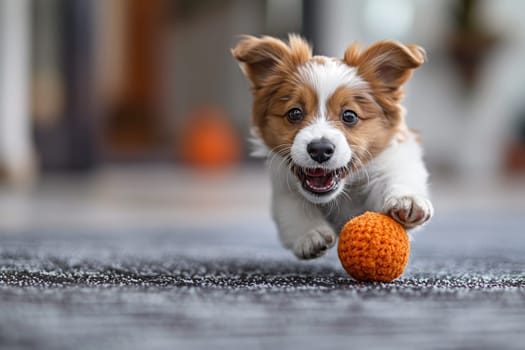Adorable puppy running indoors with an orange ball, playful and cute pet playing on carpet