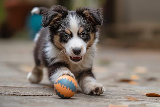 Adorable puppy playing with a ball in the outdoor, capturing a cute and playful young pet.