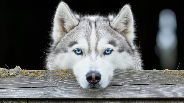 Husky dog with blue eyes and thick fur peeking over a wooden fence, perfect for winter pet themes.