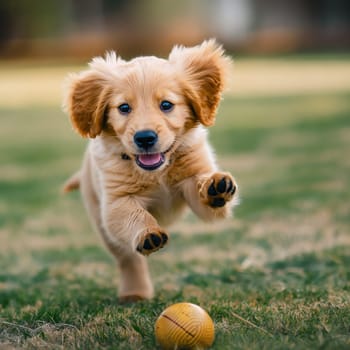 Cute happy puppy running in the grass playing fetch with a ball outdoor in the park