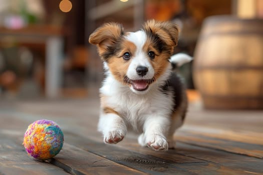 Adorable playful puppy running with a colorful ball in a happy and joyful outdoor setting