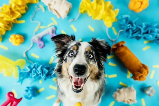 Happy dog playing with colorful toy on blue background for joyful pets
