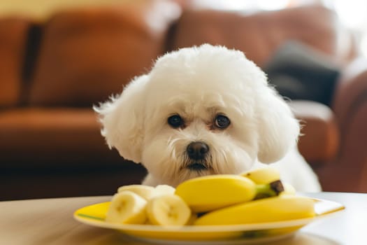 White bichon puppy on a table with bananas on a plate, sitting indoors