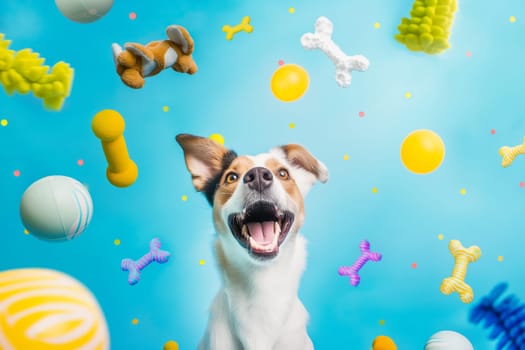 Joyful dog playing with colorful toys in a bright playful scene