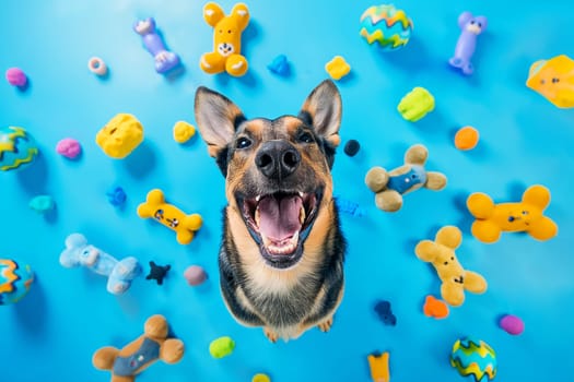 Happy and playful dog with colorful toys, a cute and cheerful puppy smiling in a blue background