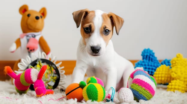 Puppy dog playing with colorful toys: cute Jack Russell terrier sitting with adorable plush items
