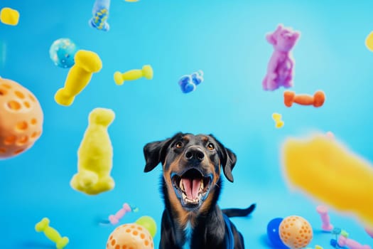 Playful dog surrounded by colorful toys, cheerful and vibrant pet enjoying a happy moment