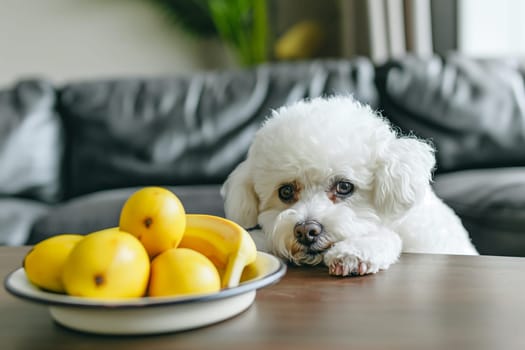 Adorable white bichon puppy near bananas and lemons fruit on a table in front of a couch