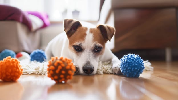 Adorable terrier puppy relaxing indoors with colorful toys on a wooden floor