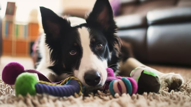 Cute border collie puppy with toy relaxing on carpet