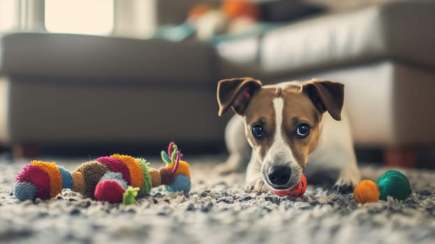 Playful puppy playing with colorful toy balls on a carpet at home