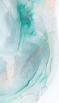 A close-up photograph of a teal and white abstract painting created with alcohol ink. The image showcases the swirling patterns and textures of the ink.