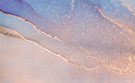 Close-up of swirling abstract art with blue, pink hues, and golden shimmer. Detailed image with delicate gold veins traversing the surface.