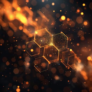 Abstract hexagons pattern with orange sparkles and bokeh light in a digital shapes network
