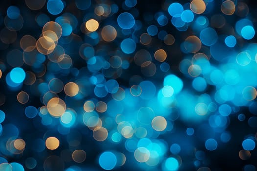 Abstract background with blue bokeh lights, blurred circles, and golden glow
