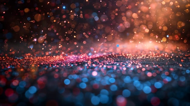 Colorful bokeh lights with a vibrant glow and blurred sparkling particles in a soft ambient setting