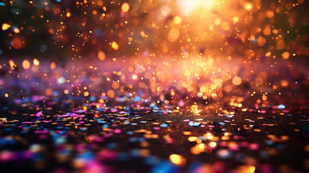 Festive bokeh sparkle and glitter light blur with confetti celebrating a vibrant abstract night