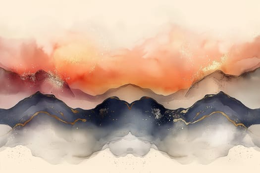 Abstract landscape with mountains, watercolor painting of sunset horizon and vibrant textured scenery