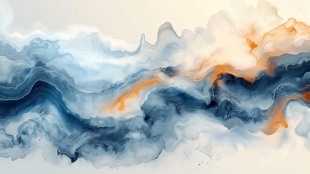 Abstract waves in blue and orange depict a fluid motion characterized by artistic and creative patterns