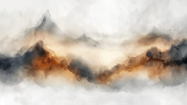 A minimalist painting of mountains with fog, showcasing a mystical and serene nature landscape