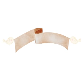 Paper banner watercolor. Hand-drawn sign held by birds in festive caps. Drawing of a blank banner for text. Label template in pastel beige and brown colors. Ideal for lettering, cards, cake toppers. High quality illustration. High quality illustration