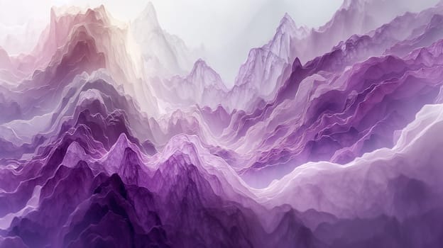 Abstract mountains landscape with layers of purple hues and fog creating a scenic and pastel view