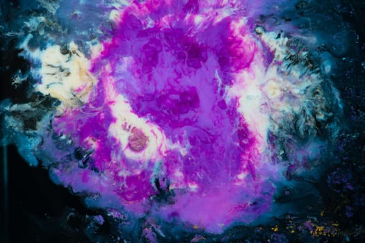 A closeup of a purple and blue painting featuring an astronomical object on a black background, blending violet, pink, magenta, and electric blue in an intricate art pattern