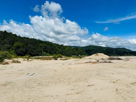 A wide shot of a sandy beach with a forested hill in the background. The sky is bright blue with white fluffy clouds. The beach is mostly empty, with only a small pile of driftwood and a few pieces of trash visible in the foreground.