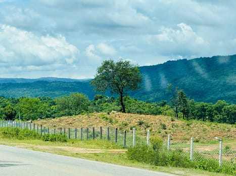 A picturesque view of a winding road leading up to a hilltop overlooking a sprawling valley. Lush green foliage covers the hills in the distance, with a single tree standing tall on the hilltop. The sky is a beautiful mix of blue and white clouds, creating a sense of peace and tranquility.