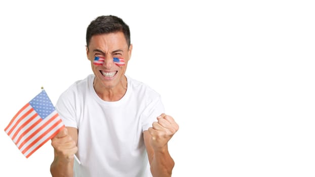 United States supporter screaming and waving a national flag, cheering his team to victory and celebrating passionately