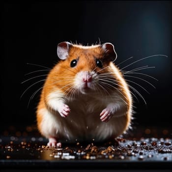 Photo of a cute hamster with coins flying and lying on the floor on a black background. An exciting game for money. Click on the furry animal and win.