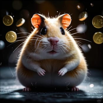 Photo of a cute hamster with coins flying and lying on the floor on a black background. An exciting game for money. Click on the furry animal and win.