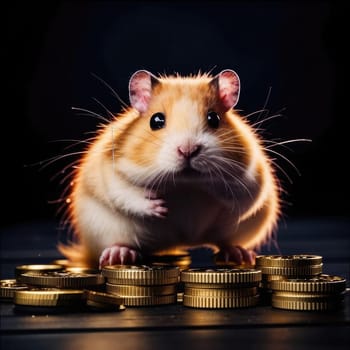 Photo of a cute hamster with coins flying and lying on the floor on a black background. An exciting game for money. Click on the furry animal and win.