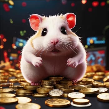 Photo of a cute hamster with coins flying and lying on the floor on a black background. An exciting game for money. Click on the furry animal and win.