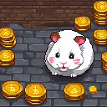 pixel art Illustration of a cute hamster with coins flying and lying on the floor on a black background. An exciting game for money. Click on the furry animal and win.
