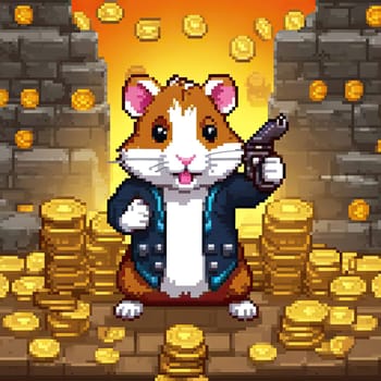 pixel art Illustration of a cute hamster with coins flying and lying on the floor on a black background. An exciting game for money. Click on the furry animal and win.