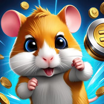 Illustration of a cute hamster with coins flying and lying on the floor on a black background. An exciting game for money. Click on the furry animal and win.