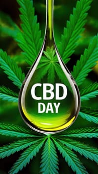 Alternative medicine concept.Holistic therapies, natural pain relieving medicine.International CBD day. Copy space.Green cannabis leaves background.