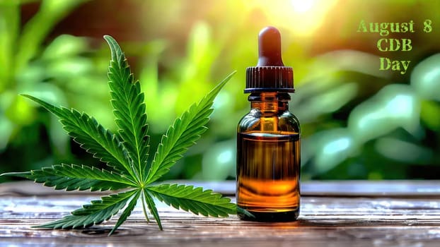 Small bottle of CBD oil on wooden table.Holistic therapies, natural pain relieving medicine.Non-psychoactive medicine, pain and anxiety relief. Alternative medicine concept