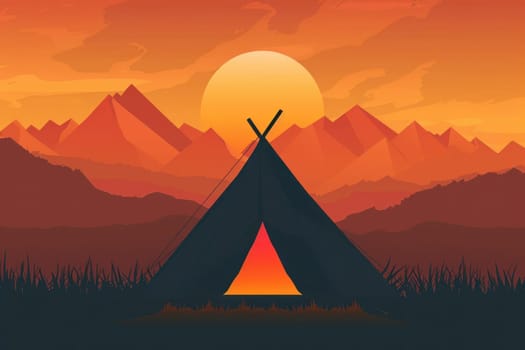 Teepee camping adventure with mountain sunset background for travel and nature lovers