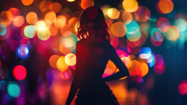 Mysterious woman standing among vibrant bokeh lights in a crowd of colorful hues, creating an artistic atmosphere