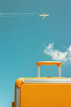 Travel in style orange suitcase and airplane flying with cloudy sky background