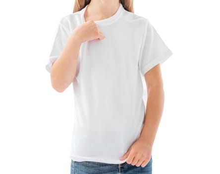Little Kid Girl In White T Shirt, Blank Template Isolated On White Background
